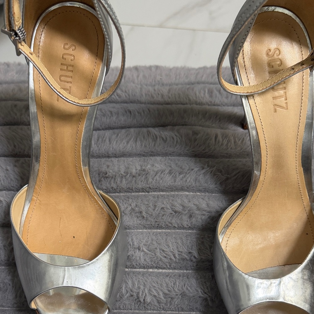 SCHUTZ Metallic Silver Open-Toe Ankle Strap Heels